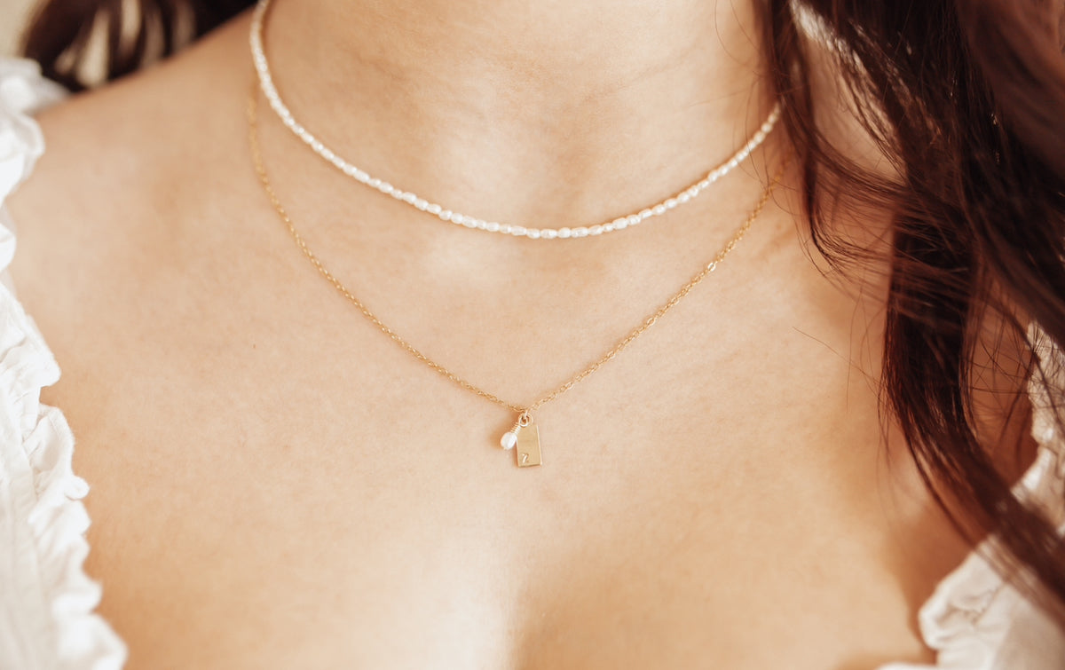Pearl Initial Necklace in 14k gold filled and .925 sterling silver by Syd Squared Jewelry