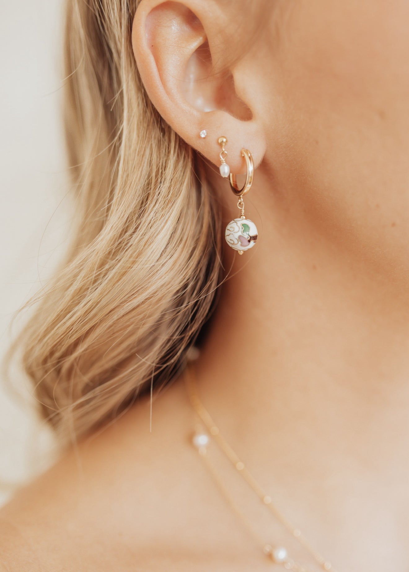 White Cloisonné bead hoops