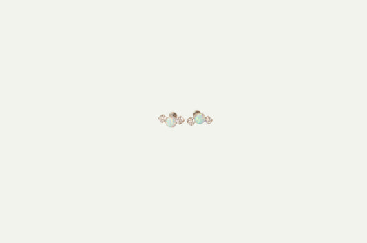 Pair of silver flatback earrings with Opal and crystals on a beige background