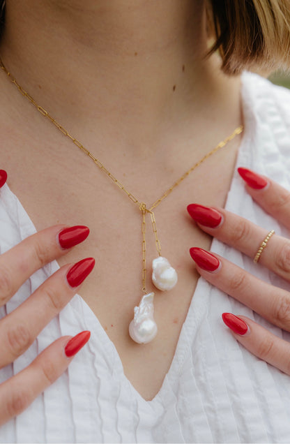 Baroque Pearl Tie Necklace in 14k gold filled by Syd Squared Jewelry