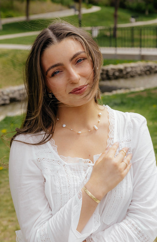 Asymmetrical Pearl Necklace in 14k gold filled by Syd Squared Jewelry