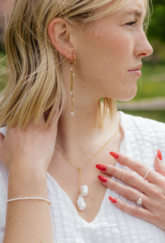 Pearl Rain Hoops in 14k gold filled by Syd Squared Jewelry